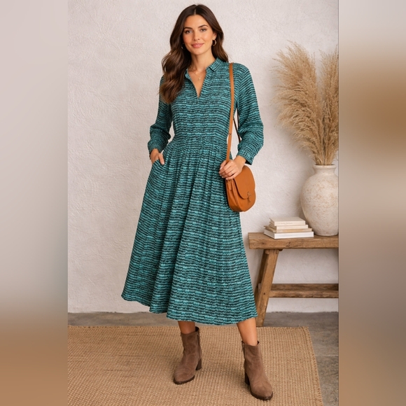Tucker Dresses & Skirts - Tuckernuck Teal Black Print Organic Cotton Midi Dress | Size L | Long Sleeve